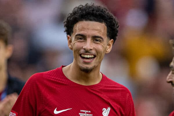 LEICESTER, ENGLAND - Saturday, July 30, 2022: Liverpool's Curtis Jones celebrates after the FA Community Shield friendly match between Liverpool FC and Manchester City FC at the King Power Stadium. Liverpool won 3-1. (Pic by David Rawcliffe/Propaganda)