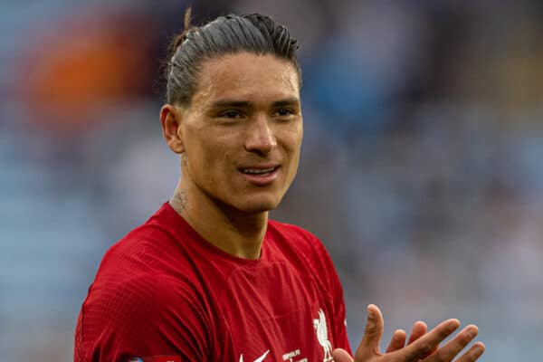 LEICESTER, ENGLAND - Saturday, July 30, 2022: Liverpool's Darwin Núñez celebrates after the FA Community Shield friendly match between Liverpool FC and Manchester City FC at the King Power Stadium. Liverpool won 3-1. (Pic by David Rawcliffe/Propaganda)