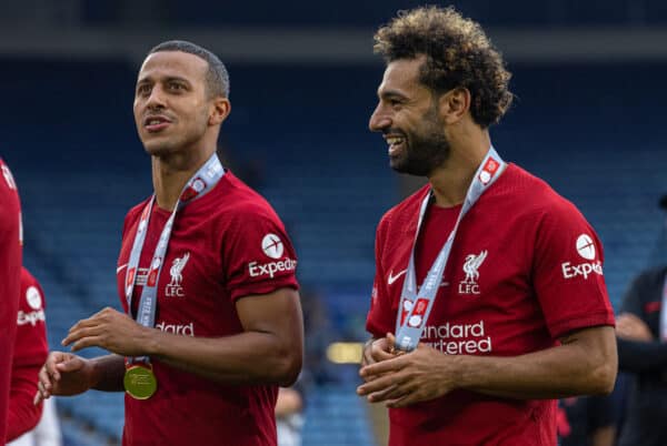 LEICESTER, ENGLAND - Saturday, July 30, 2022: Liverpool's Mohamed Salah (R) and Thiago Alcântara after the FA Community Shield friendly match between Liverpool FC and Manchester City FC at the King Power Stadium. Liverpool won 3-1. (Pic by David Rawcliffe/Propaganda)