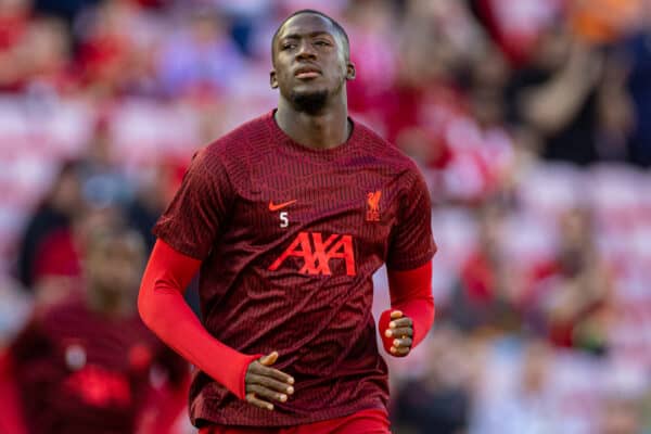 LIVERPOOL, ENGLAND - Sunday, July 31, 2022: Liverpool's Ibrahima Konaté during the pre-match warm-up before a pre-season friendly match between Liverpool FC and RC Strasbourg Alsace at Anfield. Strasbourg won 3-0. (Pic by David Rawcliffe/Propaganda)