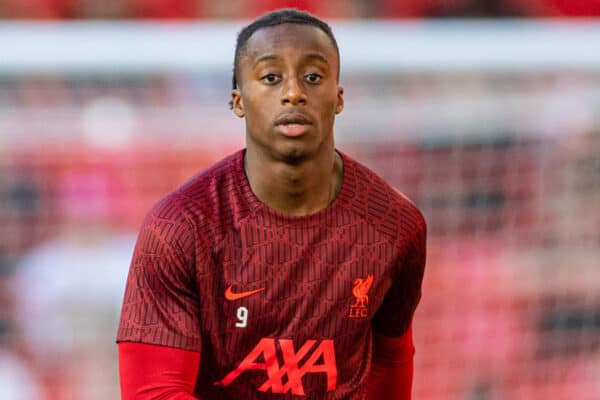 LIVERPOOL, ENGLAND - Sunday, July 31, 2022: Liverpool's Isaac Mabaya during the pre-match warm-up before a pre-season friendly match between Liverpool FC and RC Strasbourg Alsace at Anfield. Strasbourg won 3-0. (Pic by David Rawcliffe/Propaganda)