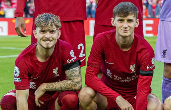 LIVERPOOL, ENGLAND - Sunday, July 31, 2022: Liverpool players line-up for a team group photograph before a pre-season friendly match between Liverpool FC and RC Strasbourg Alsace at Anfield. Back row L-R: Joe Gomez, Stefan Bajcetic, goalkeeper Harvey Davies, Ibrahima Konaté, Isaac Mabaya, Fabio Carvalho. Front row L-R: Harvey Elliott, Tyler Morton, James Milner, Luke Chambers, Melkamu Frauendorf. (Pic by David Rawcliffe/Propaganda)