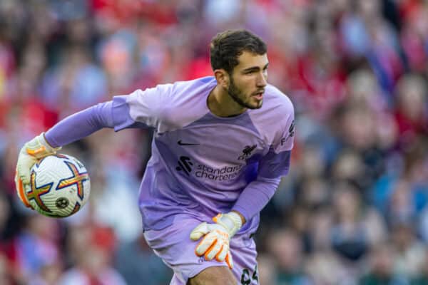 LIVERPOOL, ENGLAND - Sunday, July 31, 2022: Liverpool's goalkeeper Harvey Davies during a pre-season friendly match between Liverpool FC and RC Strasbourg Alsace at Anfield. Strasbourg won 3-0. (Pic by David Rawcliffe/Propaganda)