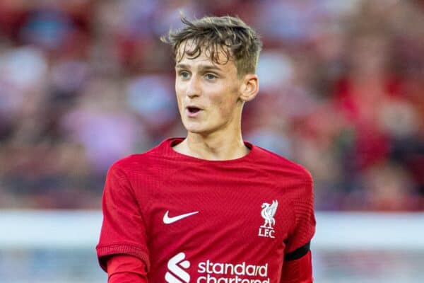LIVERPOOL, ENGLAND - Sunday, July 31, 2022: Liverpool's Tyler Morton during a pre-season friendly match between Liverpool FC and RC Strasbourg Alsace at Anfield. Strasbourg won 3-0. (Pic by David Rawcliffe/Propaganda)