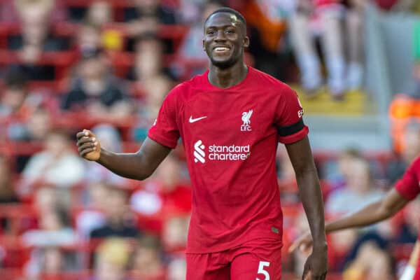 LIVERPOOL, ENGLAND - Sunday, July 31, 2022: Liverpool's Ibrahima Konaté during a pre-season friendly match between Liverpool FC and RC Strasbourg Alsace at Anfield. Strasbourg won 3-0. (Pic by David Rawcliffe/Propaganda)