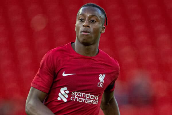 LIVERPOOL, ENGLAND - Sunday, July 31, 2022: Liverpool's Isaac Mabaya during a pre-season friendly match between Liverpool FC and RC Strasbourg Alsace at Anfield. Strasbourg won 3-0. (Pic by David Rawcliffe/Propaganda)