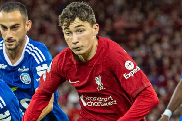 LIVERPOOL, ENGLAND - Sunday, July 31, 2022: Liverpool's Mateusz Musialowski during a pre-season friendly match between Liverpool FC and RC Strasbourg Alsace at Anfield. Strasbourg won 3-0. (Pic by David Rawcliffe/Propaganda)