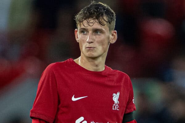 LIVERPOOL, ENGLAND - Sunday, July 31, 2022: Liverpool's Tyler Morton during a pre-season friendly match between Liverpool FC and RC Strasbourg Alsace at Anfield. Strasbourg won 3-0. (Pic by David Rawcliffe/Propaganda)