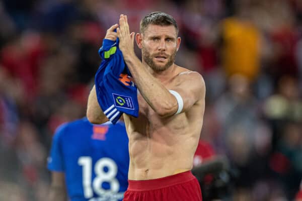 LIVERPOOL, ENGLAND - Sunday, July 31, 2022: Liverpool's James Milner after a pre-season friendly match between Liverpool FC and RC Strasbourg Alsace at Anfield. Strasbourg won 3-0. (Pic by David Rawcliffe/Propaganda)