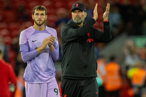 LIVERPOOL, ENGLAND - Sunday, July 31, 2022: Liverpool's manager Jürgen Klopp (R) and goalkeeper Harvey Davies during a pre-season friendly match between Liverpool FC and RC Strasbourg Alsace at Anfield. Strasbourg won 3-0. (Pic by David Rawcliffe/Propaganda)