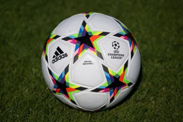 NYON, SWITZERLAND - AUGUST 2: A view of the UEFA Champions League 2022/23 Group Stage match ball during the UEFA Club Competitions 2022/23 Match Balls Shoot at the UEFA Headquarters, The House of the European Football, on August 2, 2022, in Nyon, Switzerland. (Photo by UEFA). General. Ball