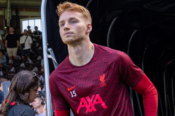 LONDON, ENGLAND - Saturday, August 6, 2022: Liverpool's Sepp van den Berg runs out of the tunnel before the the FA Premier League match between Fulham FC and Liverpool FC at Craven Cottage. The game ended in a 2-2 draw. (Pic by David Rawcliffe/Propaganda)