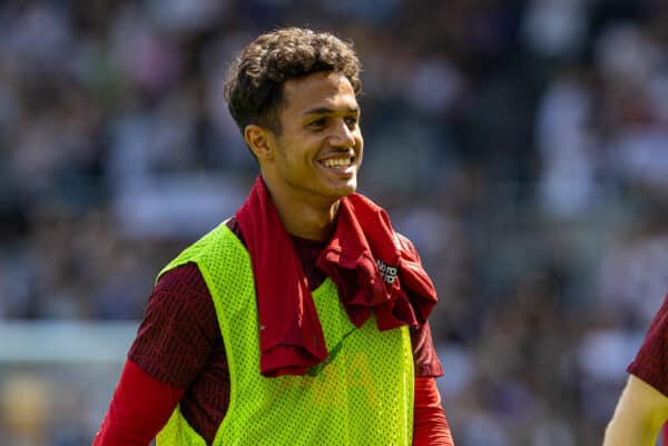 LONDON, ENGLAND - Saturday, August 6, 2022: Liverpool's substitute Fábio Carvalho before the FA Premier League match between Fulham FC and Liverpool FC at Craven Cottage. The game ended in a 2-2 draw. (Pic by David Rawcliffe/Propaganda)