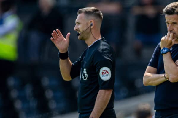 LONDON, ENGLAND - Saturday, August 6, 2022: Assistant referee Dan Cook during the FA Premier League match between Fulham FC and Liverpool FC at Craven Cottage. The game ended in a 2-2 draw. (Pic by David Rawcliffe/Propaganda)
