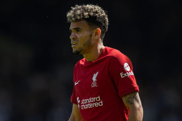 LONDON, ENGLAND - Saturday, August 6, 2022: Liverpool's Luis Díaz during the FA Premier League match between Fulham FC and Liverpool FC at Craven Cottage. The game ended in a 2-2 draw. (Pic by David Rawcliffe/Propaganda)