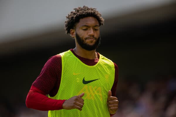 LONDON, ENGLAND - Saturday, August 6, 2022: Liverpool's substitute Joe Gomez warms-up during the FA Premier League match between Fulham FC and Liverpool FC at Craven Cottage. The game ended in a 2-2 draw. (Pic by David Rawcliffe/Propaganda)