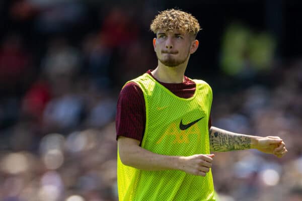 LONDON, ENGLAND - Saturday, August 6, 2022: Liverpool's substitute Harvey Elliott warms-up during the FA Premier League match between Fulham FC and Liverpool FC at Craven Cottage. The game ended in a 2-2 draw. (Pic by David Rawcliffe/Propaganda)