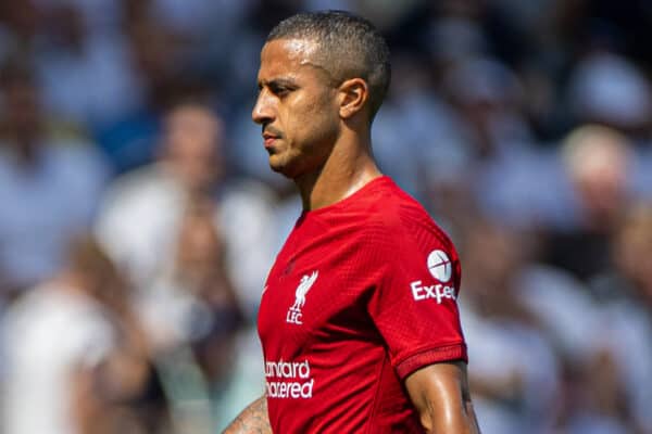 LONDON, ENGLAND - Saturday, August 6, 2022: Liverpool's Thiago Alcântara walks off after sustaining a hamstring injury during the FA Premier League match between Fulham FC and Liverpool FC at Craven Cottage. The game ended in a 2-2 draw. (Pic by David Rawcliffe/Propaganda)