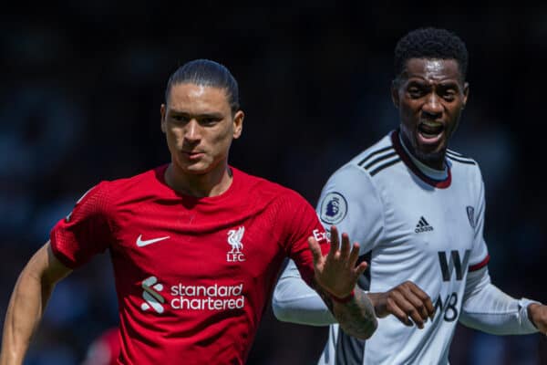 LONDON, ENGLAND - Saturday, August 6, 2022: Liverpool's Darwin Núñez during the FA Premier League match between Fulham FC and Liverpool FC at Craven Cottage. The game ended in a 2-2 draw. (Pic by David Rawcliffe/Propaganda)