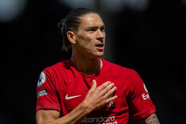 LONDON, ENGLAND - Saturday, August 6, 2022: Liverpool's Darwin Núñez celebrates after scoring his side's first equalising goal to level the score at 1-1 during the FA Premier League match between Fulham FC and Liverpool FC at Craven Cottage. The game ended in a 2-2 draw. (Pic by David Rawcliffe/Propaganda)