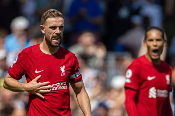 LONDON, ENGLAND - Saturday, August 6, 2022: Liverpool's captain Jordan Henderson looks dejected as Fulham score their second goal from a penalty kick during the FA Premier League match between Fulham FC and Liverpool FC at Craven Cottage. The game ended in a 2-2 draw. (Pic by David Rawcliffe/Propaganda)