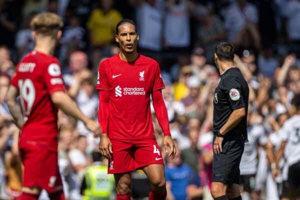 LONDON, ENGLAND - Saturday, August 6, 2022: Liverpool's Virgil van Dijk looks dejected as Fulham score their second goal from a penalty kick during the FA Premier League match between Fulham FC and Liverpool FC at Craven Cottage. The game ended in a 2-2 draw. (Pic by David Rawcliffe/Propaganda)