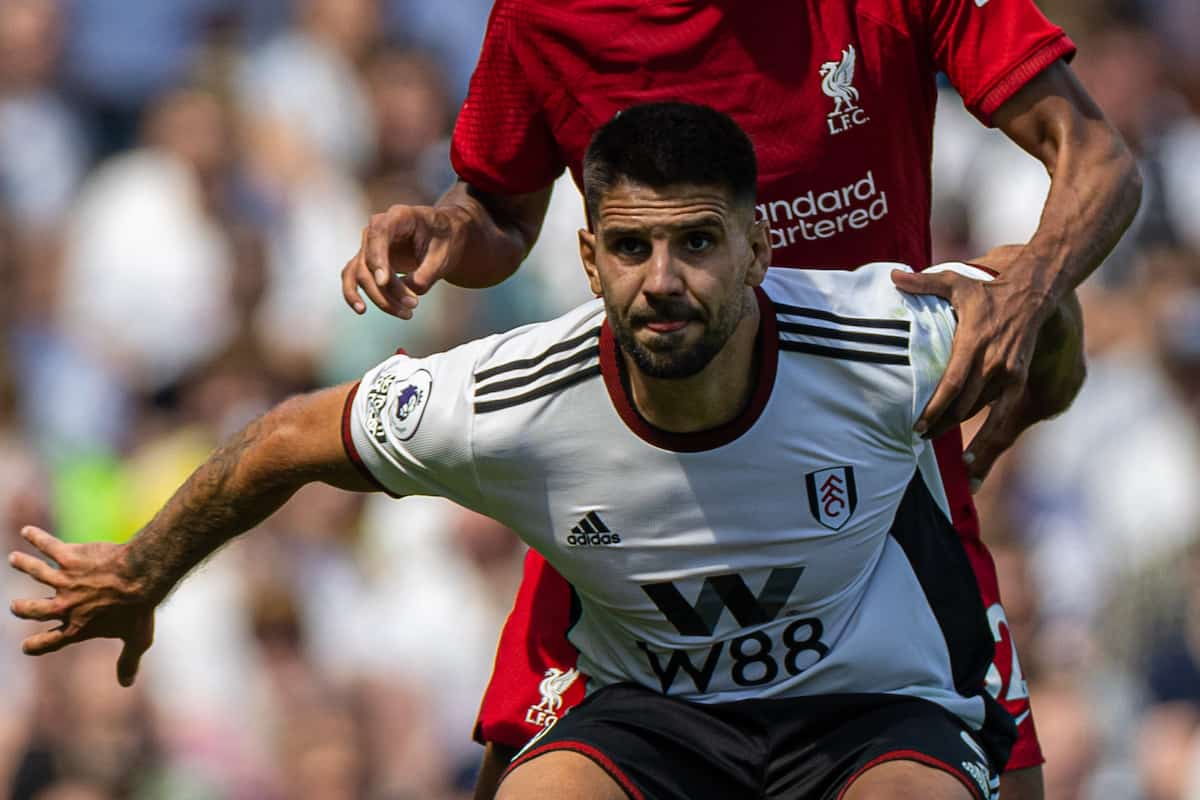 LONDON, ENGLAND - Saturday, August 6, 2022: Liverpool's Joël Matip (R) and Fulham's Aleksandar Mitrovi? during the FA Premier League match between Fulham FC and Liverpool FC at Craven Cottage. The game ended in a 2-2 draw. (Pic by David Rawcliffe/Propaganda)