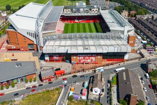 LIVERPOOL, ENGLAND - Monday, August 8, 2022: An aerial view of Anfield Stadium, home of Liverpool Football Club, and the on-going construction of the new Anfield Road stand. (Pic by David Rawcliffe/Propaganda)