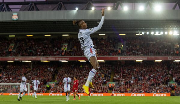 LIVERPOOL, ENGLAND - Monday, August 15, 2022: Crystal Palace's Wilfried Zaha celebrates after scoring the first goal during the FA Premier League match between Liverpool FC and Crystal Palace FC at Anfield. The game ended in a 1-1 draw. (Pic by David Rawcliffe/Propaganda)