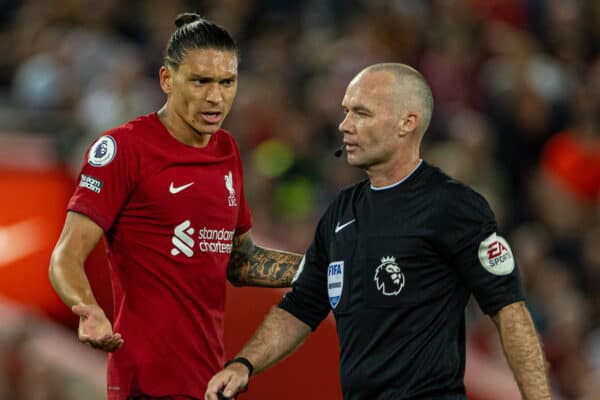 LIVERPOOL, ENGLAND - Monday, August 15, 2022: Liverpool's Darwin Núñez reacts after being shown a red card and sent off by referee Paul Tierney during the FA Premier League match between Liverpool FC and Crystal Palace FC at Anfield. The game ended in a 1-1 draw. (Pic by David Rawcliffe/Propaganda)