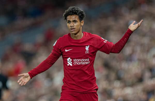 LIVERPOOL, ENGLAND - Monday, August 15, 2022: Liverpool's Fábio Carvalho during the FA Premier League match between Liverpool FC and Crystal Palace FC at Anfield. The game ended in a 1-1 draw. (Pic by David Rawcliffe/Propaganda)