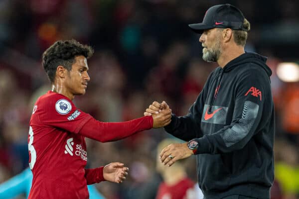 LIVERPOOL, ENGLAND - Monday, August 15, 2022: Liverpool's Fabio Carvalho (L) and manager Jürgen Klopp after the FA Premier League match between Liverpool FC and Crystal Palace FC at Anfield. The game ended in a 1-1 draw. (Pic by David Rawcliffe/Propaganda)