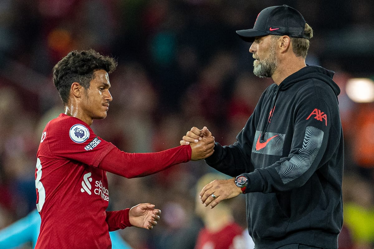 LIVERPOOL, ENGLAND - Monday, August 15, 2022: Liverpool's Fabio Carvalho (L) and manager Jürgen Klopp after the FA Premier League match between Liverpool FC and Crystal Palace FC at Anfield. The game ended in a 1-1 draw. (Pic by David Rawcliffe/Propaganda)