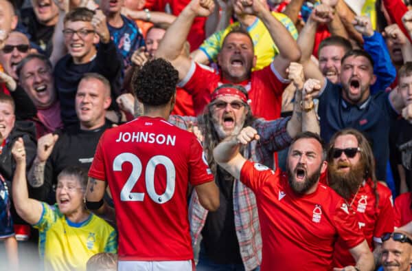 LIVERPOOL, ENGLAND - Saturday, August 20, 2022: Nottingham Forest's Brennan Johnson celebrates after scoring the opening goal during the FA Premier League match between Everton FC and Nottingham Forest FC at Goodison Park. (Pic by David Rawcliffe/Propaganda)