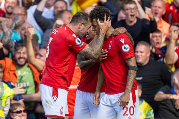 LIVERPOOL, ENGLAND - Saturday, August 20, 2022: Nottingham Forest's Brennan Johnson (R) celebrates after scoring the first goal during the FA Premier League match between Everton FC and Nottingham Forest FC at Goodison Park. (Pic by David Rawcliffe/Propaganda)