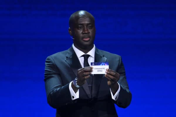 ISTANBUL, TURKEY - Thursday, August 25, 2022: Special guest, Yaya Toure draws out the card of Liverpool FC during the UEFA Champions League 2022/23 Group Stage Draw at Halic Congress Centre on August 25, 2022 in Istanbul, Turkey. (Photo by UEFA)