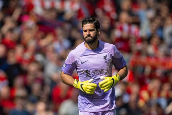 LIVERPOOL, ENGLAND - Saturday, August 27, 2022: Liverpool's goalkeeper Alisson Becker during the FA Premier League match between Liverpool FC and AFC Bournemouth at Anfield. Liverpool won 9-0. (Pic by David Rawcliffe/Propaganda)