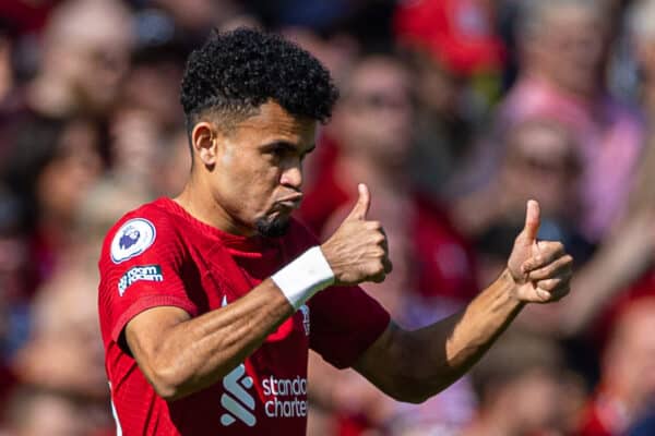 LIVERPOOL, ENGLAND - Saturday, August 27, 2022: Liverpool's Luis Díaz celebrates after scoring the opening goal during the FA Premier League match between Liverpool FC and AFC Bournemouth at Anfield. Liverpool won 9-0. (Pic by David Rawcliffe/Propaganda)