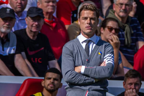 LIVERPOOL, ENGLAND - Saturday, August 27, 2022: Bournemouth's manager Scott Parker during the FA Premier League match between Liverpool FC and AFC Bournemouth at Anfield. Liverpool won 9-0. (Pic by David Rawcliffe/Propaganda)