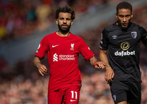 LIVERPOOL, ENGLAND - Saturday, August 27, 2022: Liverpool's Mohamed Salah during the FA Premier League match between Liverpool FC and AFC Bournemouth at Anfield. Liverpool won 9-0. (Pic by David Rawcliffe/Propaganda)