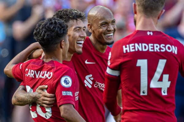 LIVERPOOL, ENGLAND - Saturday, August 27, 2022: Liverpool's Roberto Firmino (C) celebrates with team-mates Fábio Carvalho (L) and Fabio Henrique Tavares 'Fabinho' (R) after scoring the seventh goal during the FA Premier League match between Liverpool FC and AFC Bournemouth at Anfield. Liverpool won 9-0. (Pic by David Rawcliffe/Propaganda)