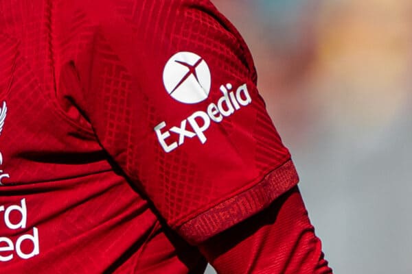 Expedia shirt sleeve sponsor Liverpool FC (Pic by David Rawcliffe/Propaganda)