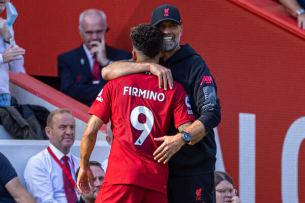 LIVERPOOL, ENGLAND - Saturday, August 27, 2022: Liverpool's Roberto Firmino is embraces by manager Jürgen Klopp as he is substituted during the FA Premier League match between Liverpool FC and AFC Bournemouth at Anfield. Liverpool won 9-0. (Pic by David Rawcliffe/Propaganda)