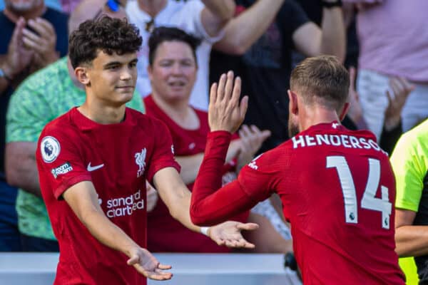 LIVERPOOL, ENGLAND - Saturday, August 27, 2022: Liverpool's substitute Stefan Bajcetic makes his Anfield debut as he replaces captain Jordan Henderson during the FA Premier League match between Liverpool FC and AFC Bournemouth at Anfield. Liverpool won 9-0. (Pic by David Rawcliffe/Propaganda)