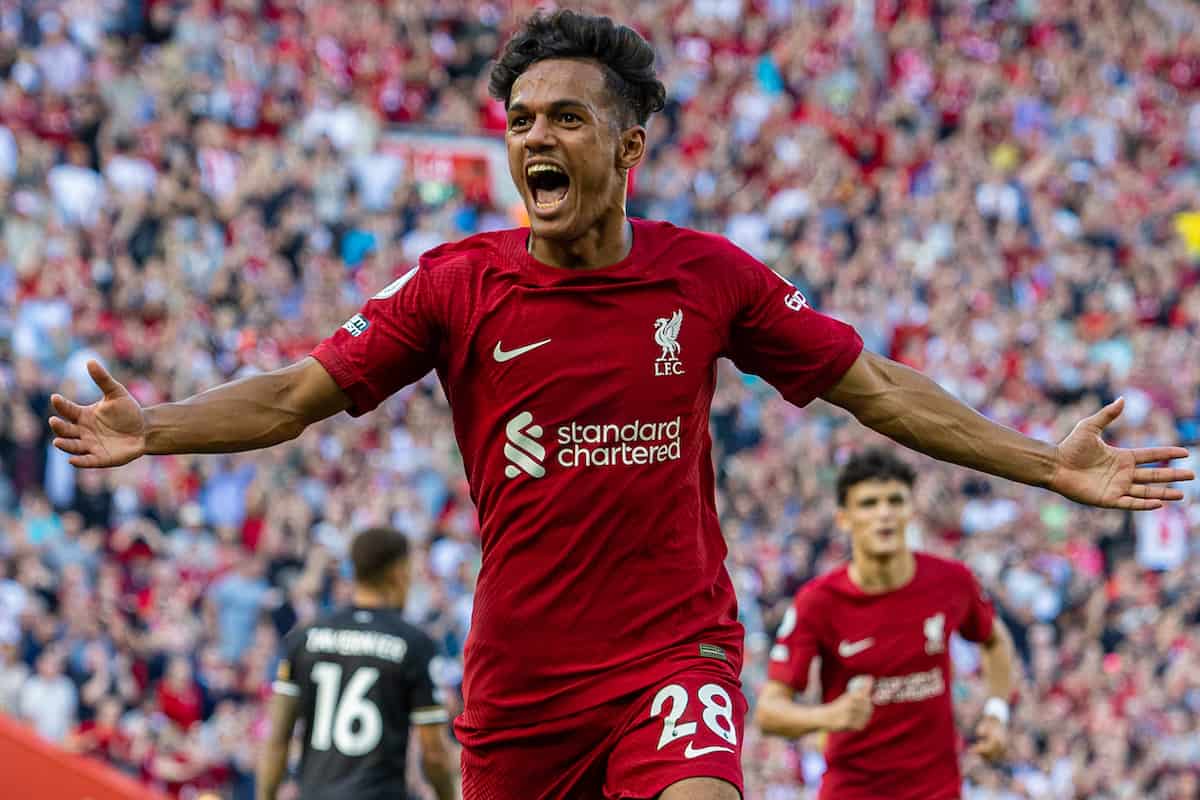 LIVERPOOL, ENGLAND - Saturday, August 27, 2022: Liverpool's Fábio Carvalho celebrates after scoring the eighth goal during the FA Premier League match between Liverpool FC and AFC Bournemouth at Anfield. Liverpool won 9-0. (Pic by David Rawcliffe/Propaganda)