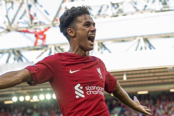 LIVERPOOL, ENGLAND - Saturday, August 27, 2022: Liverpool's Fábio Carvalho celebrates after scoring the eighth goal during the FA Premier League match between Liverpool FC and AFC Bournemouth at Anfield. Liverpool won 9-0. (Pic by David Rawcliffe/Propaganda)