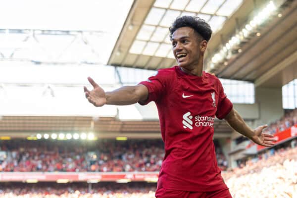 LIVERPOOL, ENGLAND - Saturday, August 27, 2022: Liverpool's Fábio Carvalho celebrates after scoring the eighth goal during the FA Premier League match between Liverpool FC and AFC Bournemouth at Anfield. Liverpool won 9-0. (Pic by David Rawcliffe/Propaganda)