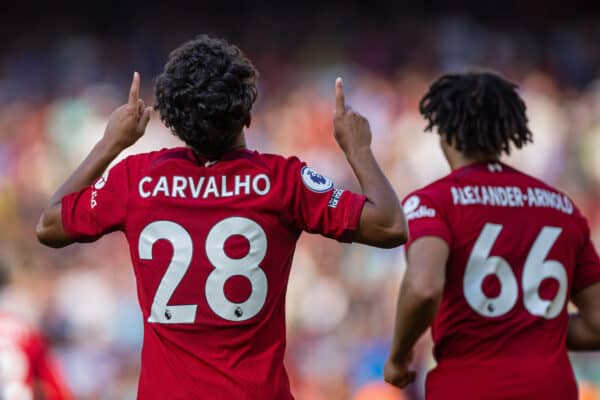 LIVERPOOL, ENGLAND - Saturday, August 27, 2022: Liverpool's Fábio Carvalho celebrates after scoring the eighth goal during the FA Premier League match between Liverpool FC and AFC Bournemouth at Anfield. Liverpool won 9-0. (Pic by David Rawcliffe/Propaganda)