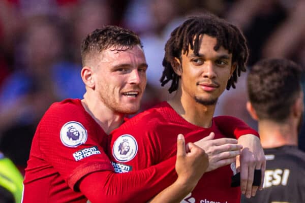 LIVERPOOL, ENGLAND - Saturday, August 27, 2022: Liverpool's Andy Robertson (L) and Trent Alexander-Arnold celebrate after the FA Premier League match between Liverpool FC and AFC Bournemouth at Anfield. Liverpool won 9-0. (Pic by David Rawcliffe/Propaganda)