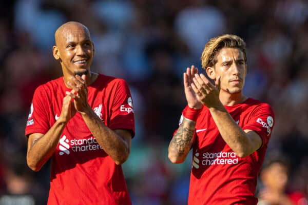 LIVERPOOL, ENGLAND - Saturday, August 27, 2022: Liverpool's Fabio Henrique Tavares 'Fabinho' (L) and Kostas Tsimikas applaud the supporters after the FA Premier League match between Liverpool FC and AFC Bournemouth at Anfield. Liverpool won 9-0. (Pic by David Rawcliffe/Propaganda)